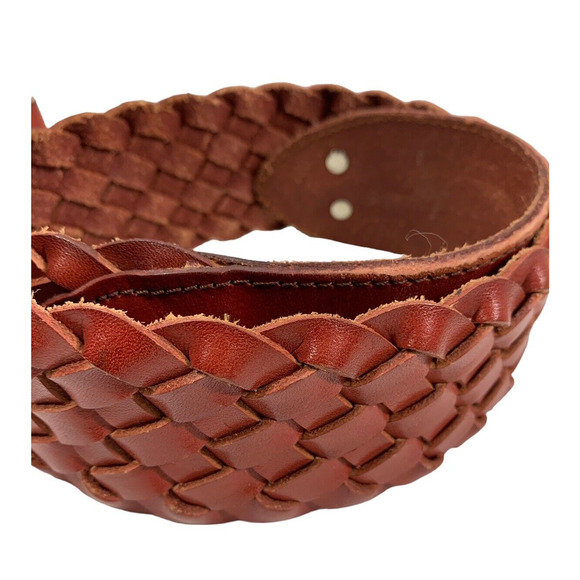 Red Leather Belt Womens Braided Belt Ornate‎ Silvertone Buckle Fits 25-27" Waist - Picture 2 of 8